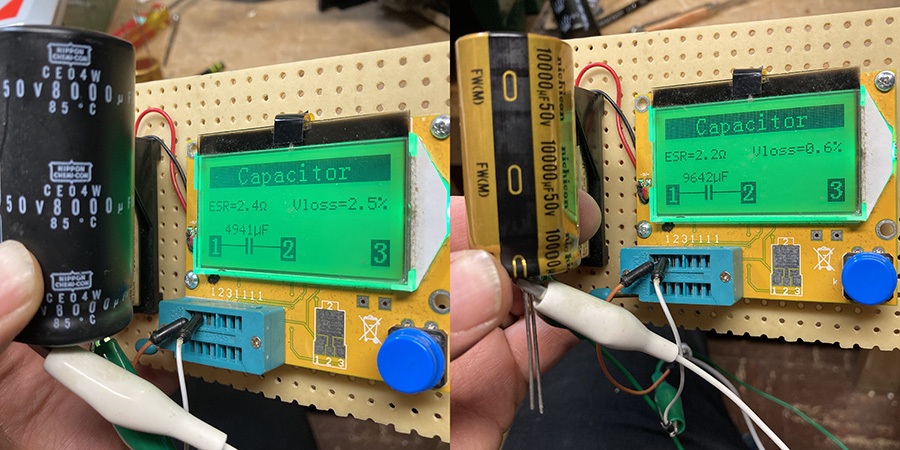 LEFT: an original 8,000 µF capacitor from the power supply circuit RIGHT: a replacement 10,000 µF Nichicon capacitor.